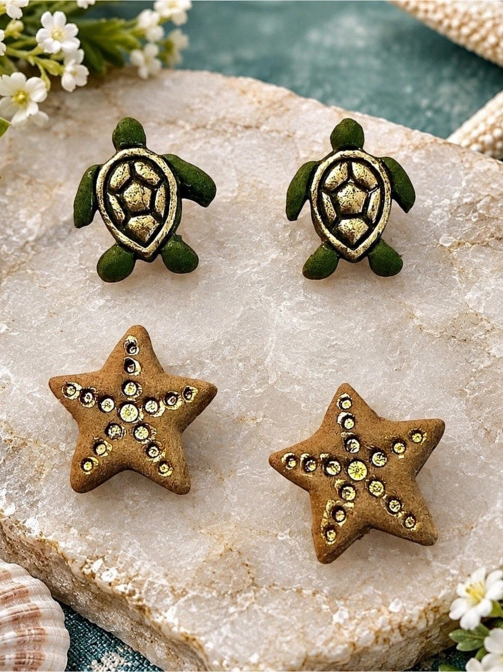 Sea Turtle & Starfish Handmade Polymer Clay Earrings Gold & Green